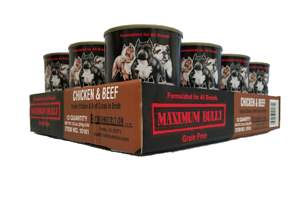 Maximum Bully Tender Chicken & Beef Cubes in Broth 13.2 oz (374g) can dog food 12pk.