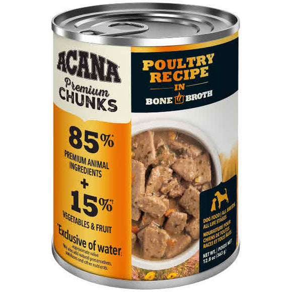 Acana Premium Chunks Poultry Recipe in Bone Broth Canned Dog Food, 12.8-oz, Case of 12