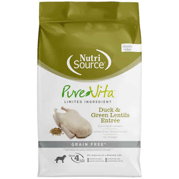 Pure Vita Dog Dry Food Grain Free Duck & Green Lentils, 15-lb