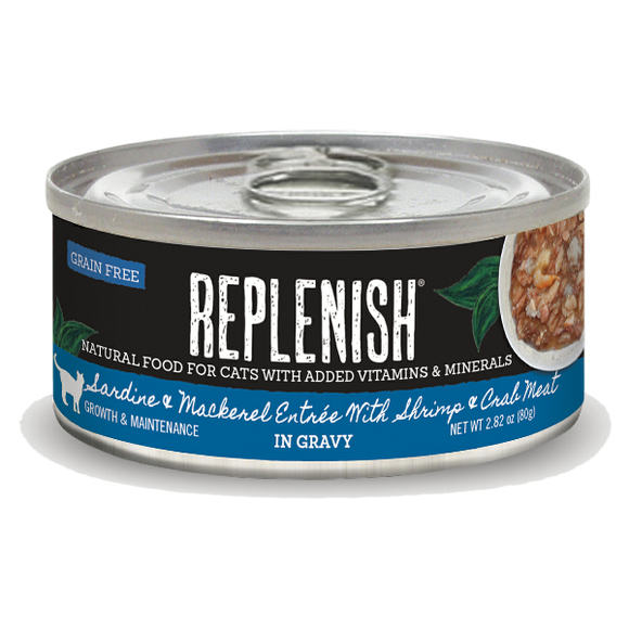 Replenish Sardine & Mackerel Entree with Shrimp & Crab Meat in Gravy Cat Can Food (24 Pack)
