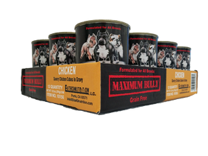 Maximum Bully Savory Chicken Cubes in Gravy 13.2 oz (374g) can dog food 12PK