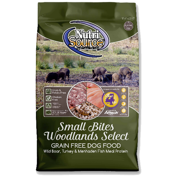 NutriSource Dog Dry Woodlands Grain Free Small Bite Boar & Turkey, 15-lb