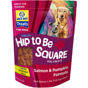 Lucy Pet Products Hip To Be Square Salmon & Pumpkin Formula Grain-Free Dog Treats, 6-oz Bag