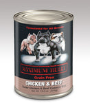 Maximum Bully Tender Chicken & Beef Cubes in Broth 13.2 oz (374g) can dog food.