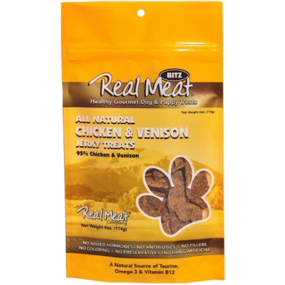 The Real Meat Company Chicken Venison Jerky Dog Treats, 4-oz